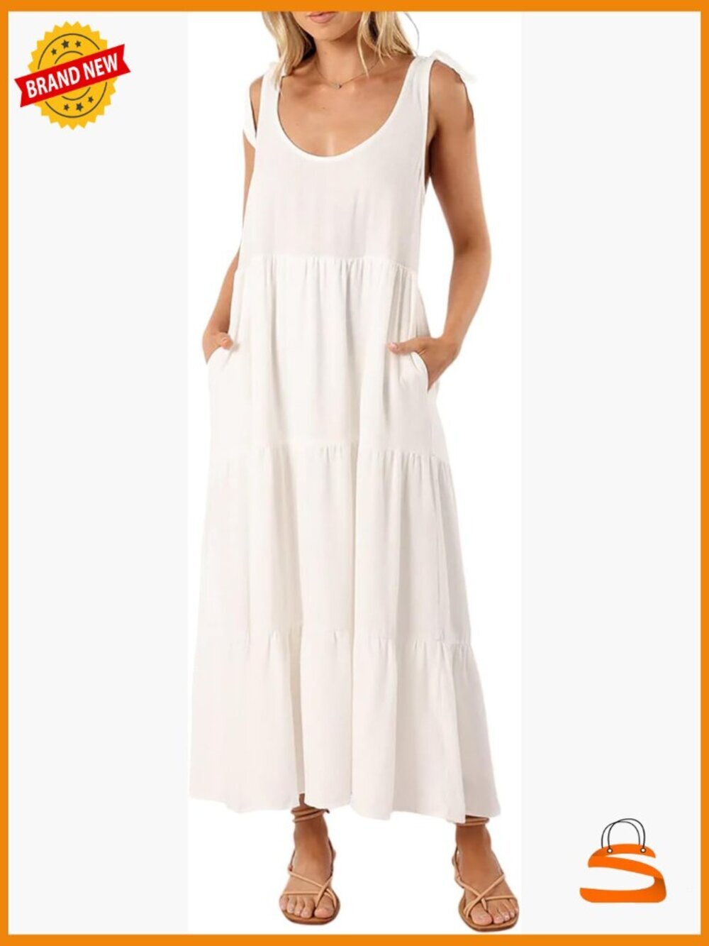 Women's Midi Dress Cotton Linen Sleeveless Adjustable Straps Tiered Flowy
